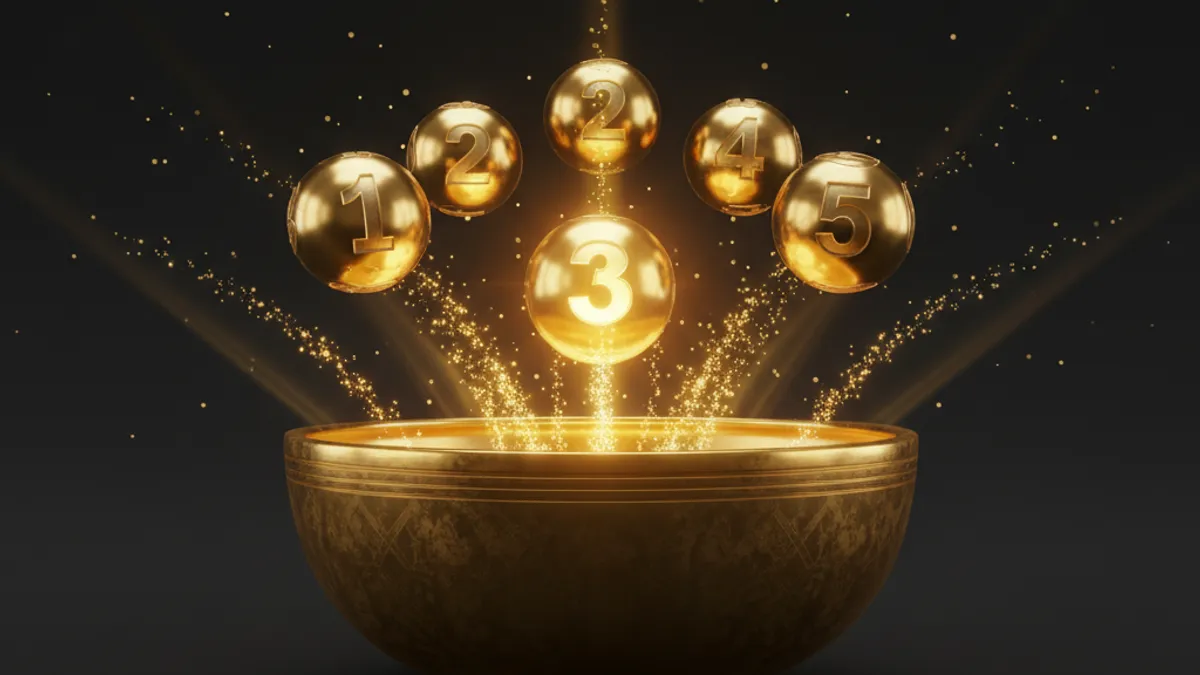 539 中獎規則圖解：五顆金色號碼球浮在空中，代表從 39 個號碼中開出的 5 個中獎號