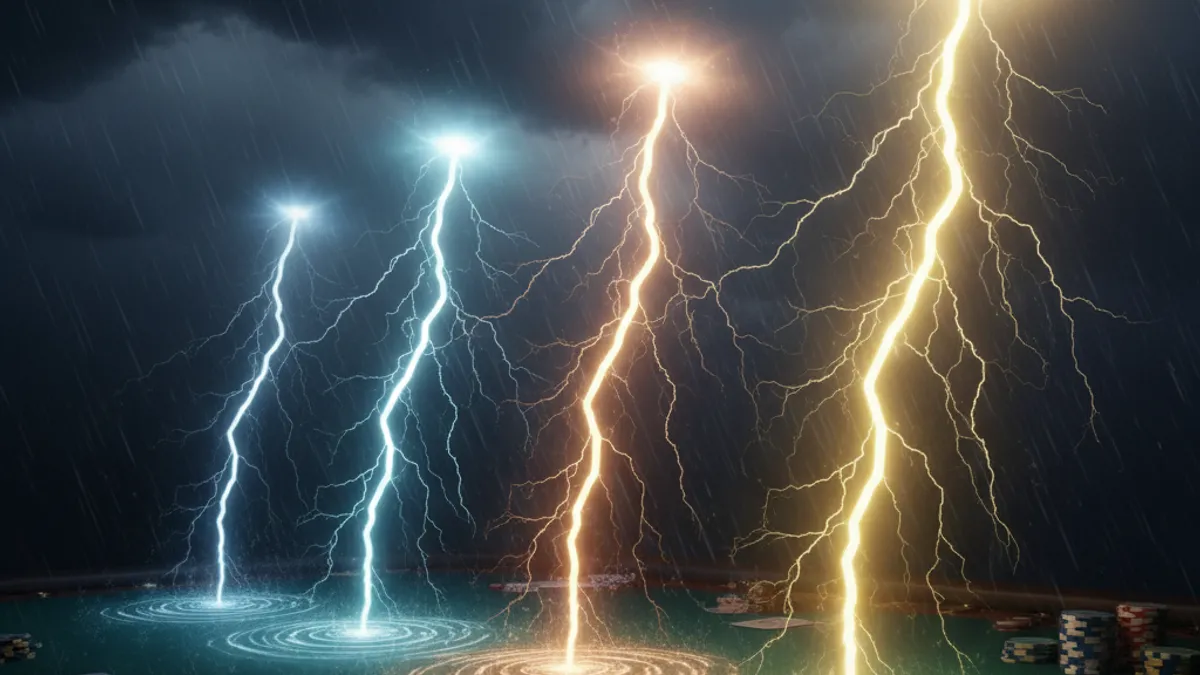 閃電百家樂倍率機制：五道閃電依序擊中牌桌，每道顏色強度從藍到金遞增