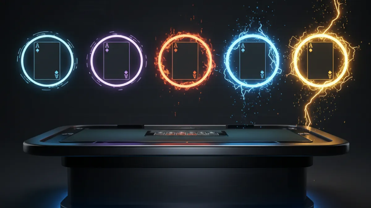 閃電百家樂倍率顯示畫面：五張牌各自被不同大小的倍率光環包圍