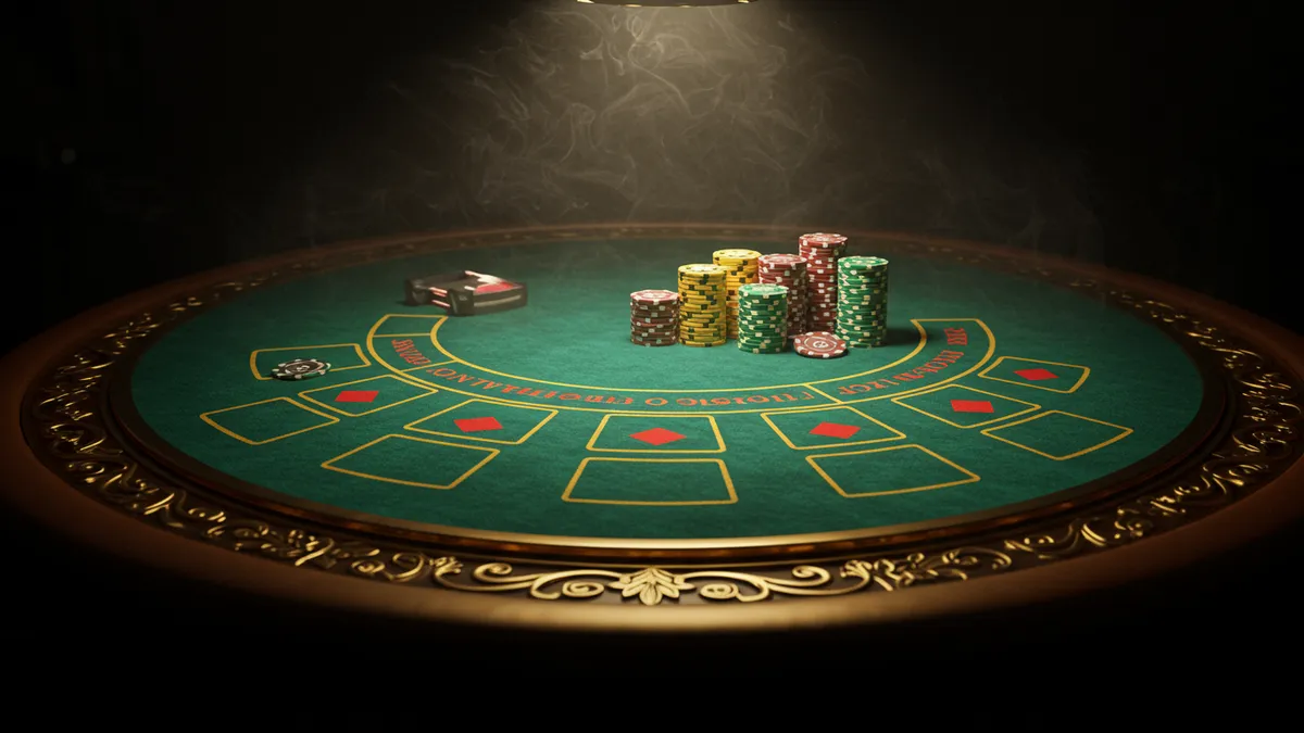 免傭百家樂牌桌特寫：深綠牌桌上紅色菱形標記與白金籌碼