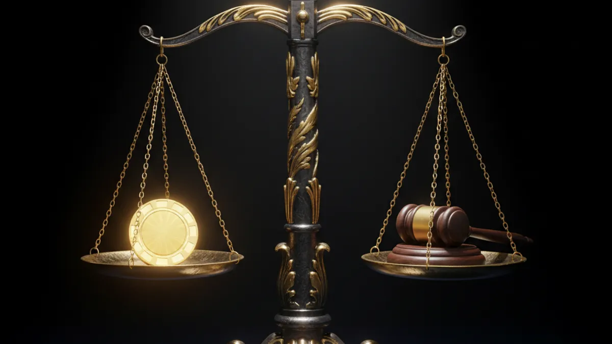 線上娛樂城合法性天秤概念圖：法律天秤一端放賭場籌碼、另一端放法官槌