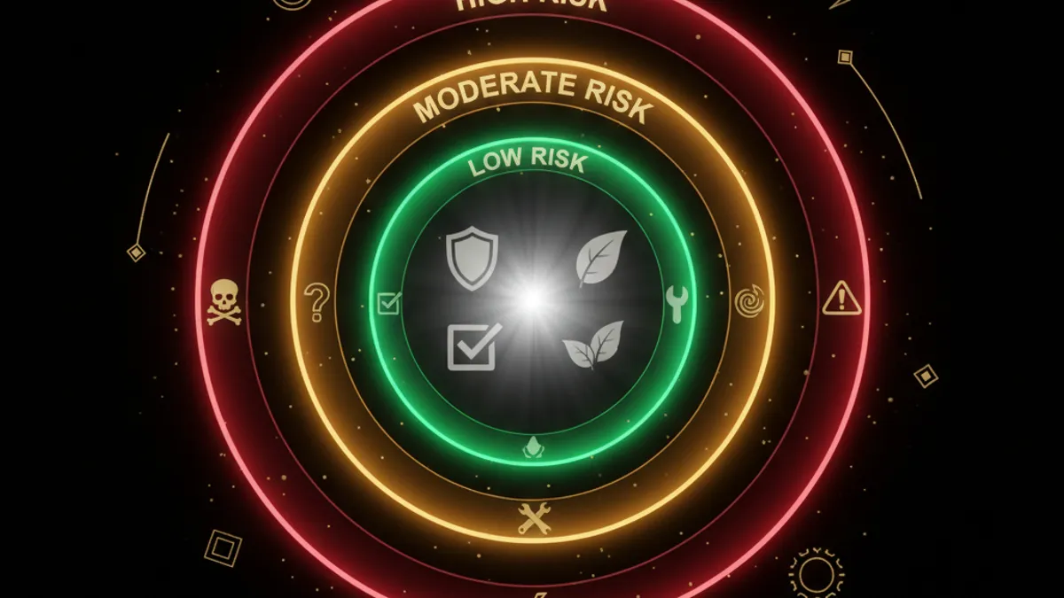 線上博弈風險分級圖：低風險（綠）、中風險（黃）、高風險（紅）三層同心圓