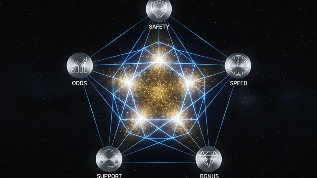 娛樂城五大評測維度雷達圖：安全性、出金速度、優惠力度、客服品質、賠率公正
