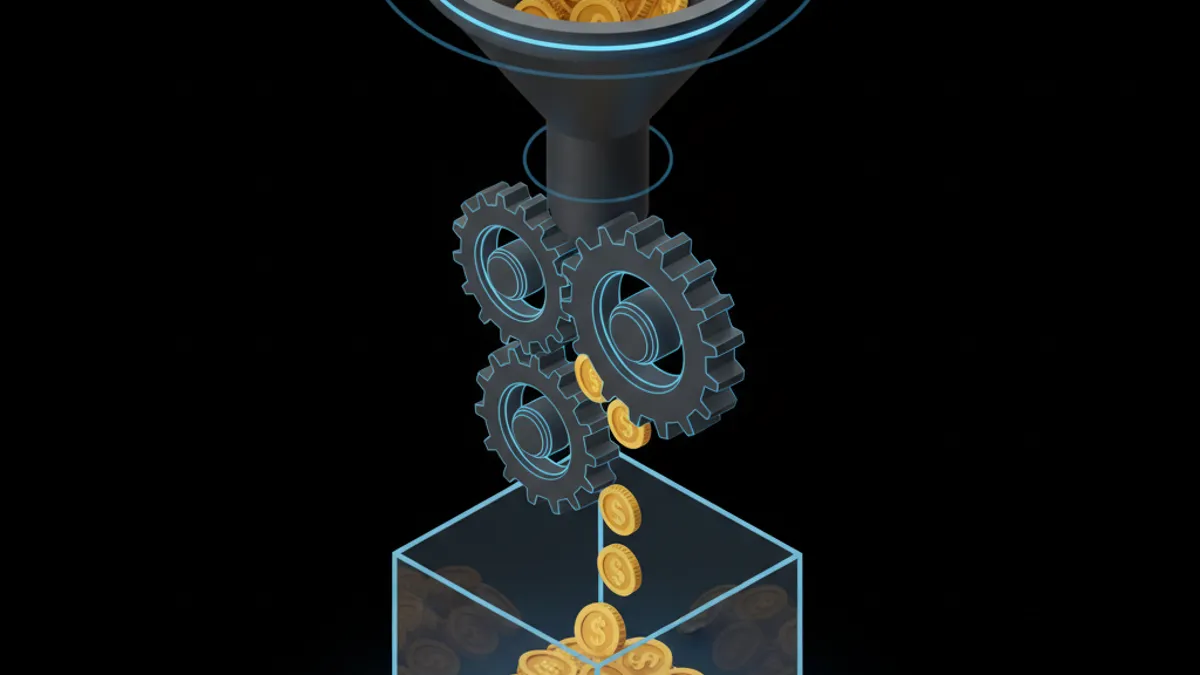 洗碼量概念圖：金幣通過漏斗機制三階段齒輪，達標後進入玻璃金庫