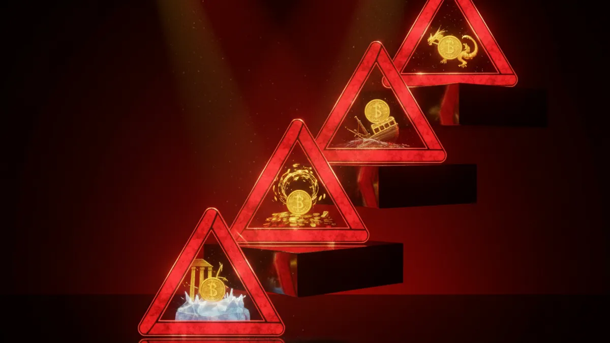 洗碼量五大陷阱：五個紅色水晶警告三角形內各有被困金幣場景
