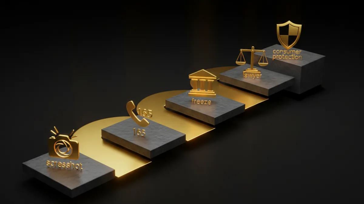 五步驟自救 SOP：截圖、報 165、銀行凍結、律師、消保五個平台階梯