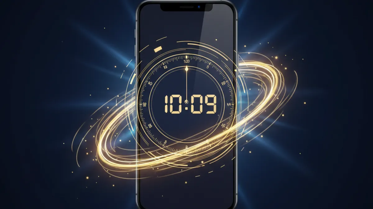 出金速度概念圖：全息時鐘與手機融合，金色光軌代表即時轉帳