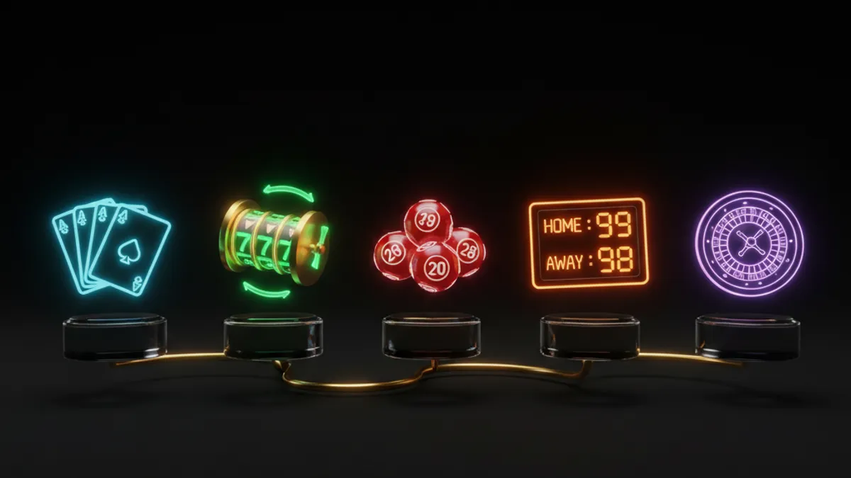 五大博弈遊戲類型：撲克牌（桌遊）、轉輪（老虎機）、號碼球（彩票）、記分板（運彩）、輪盤（真人遊戲）