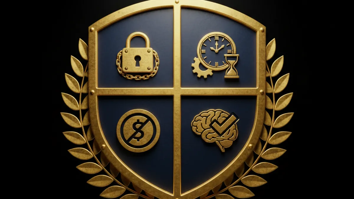 安全博弈四大準則盾牌：帳戶安全（鎖）、時間控管（鐘）、金額限制（幣）、理性判斷（腦）