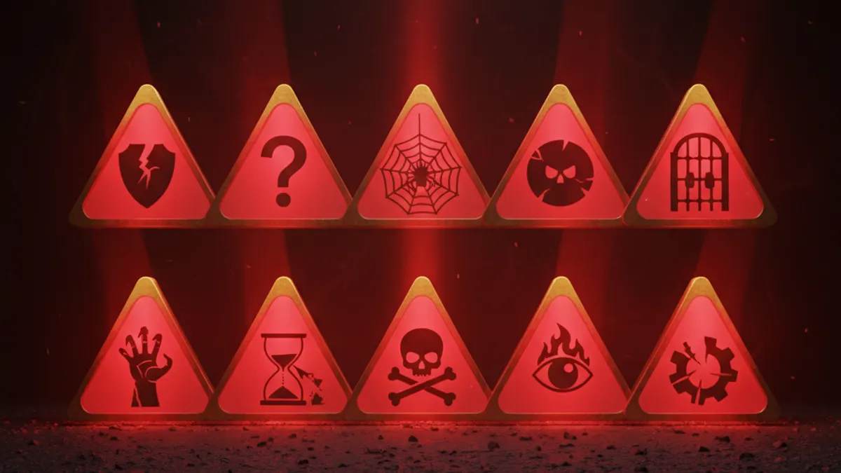 非法娛樂城十大紅旗：兩排各五個紅色三角警告標誌