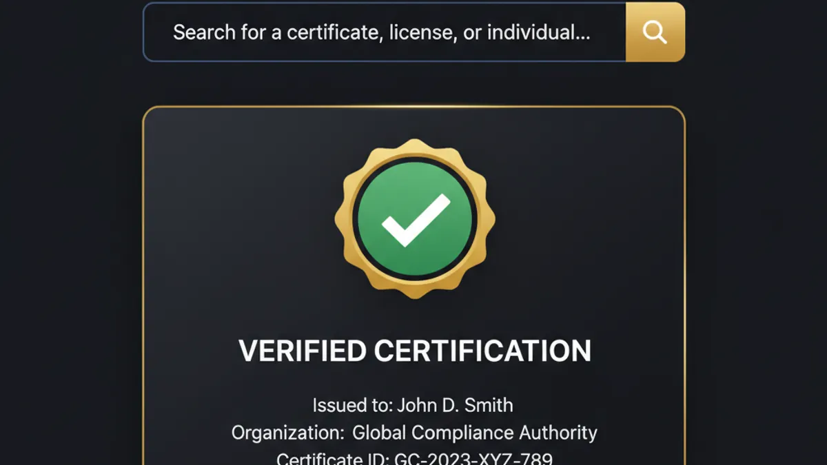 牌照驗證教學：深色瀏覽器介面中搜尋結果顯示綠色勾選認證