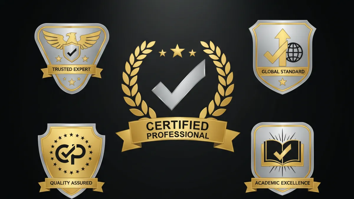 合法認證標章集合：五個盾牌形紋章各有桂冠和勾選符號