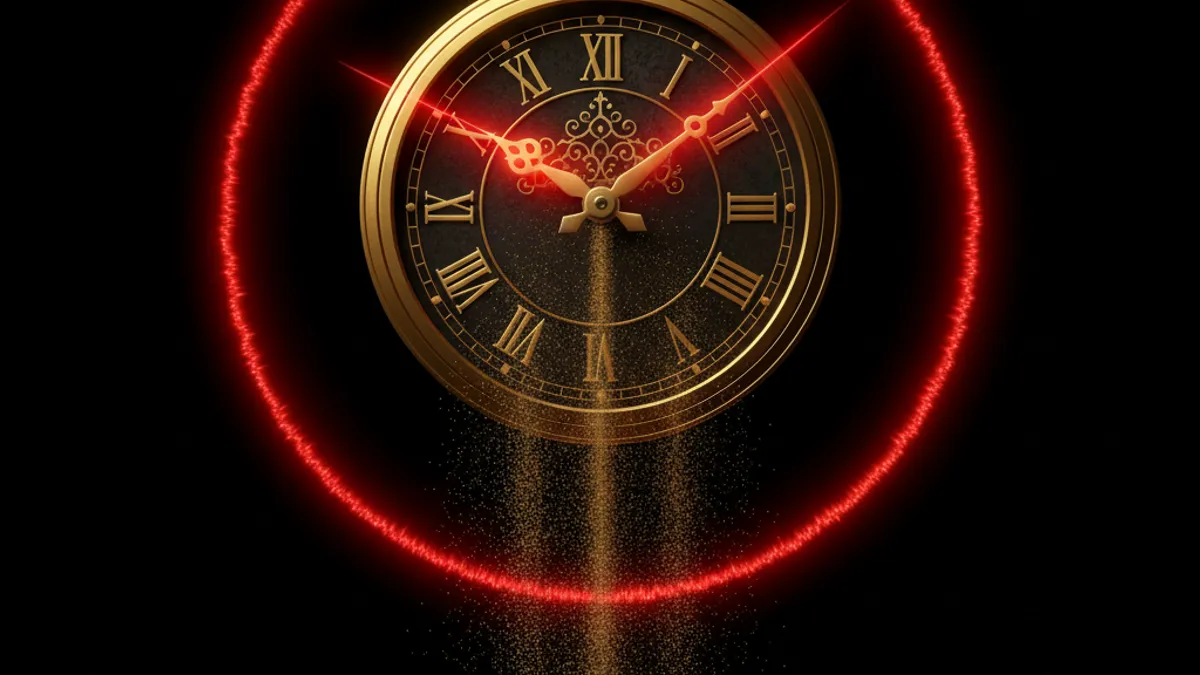 黃金一小時倒計時：金色時鐘顯示 1:00，紅色脈衝環與落沙代表緊迫時間