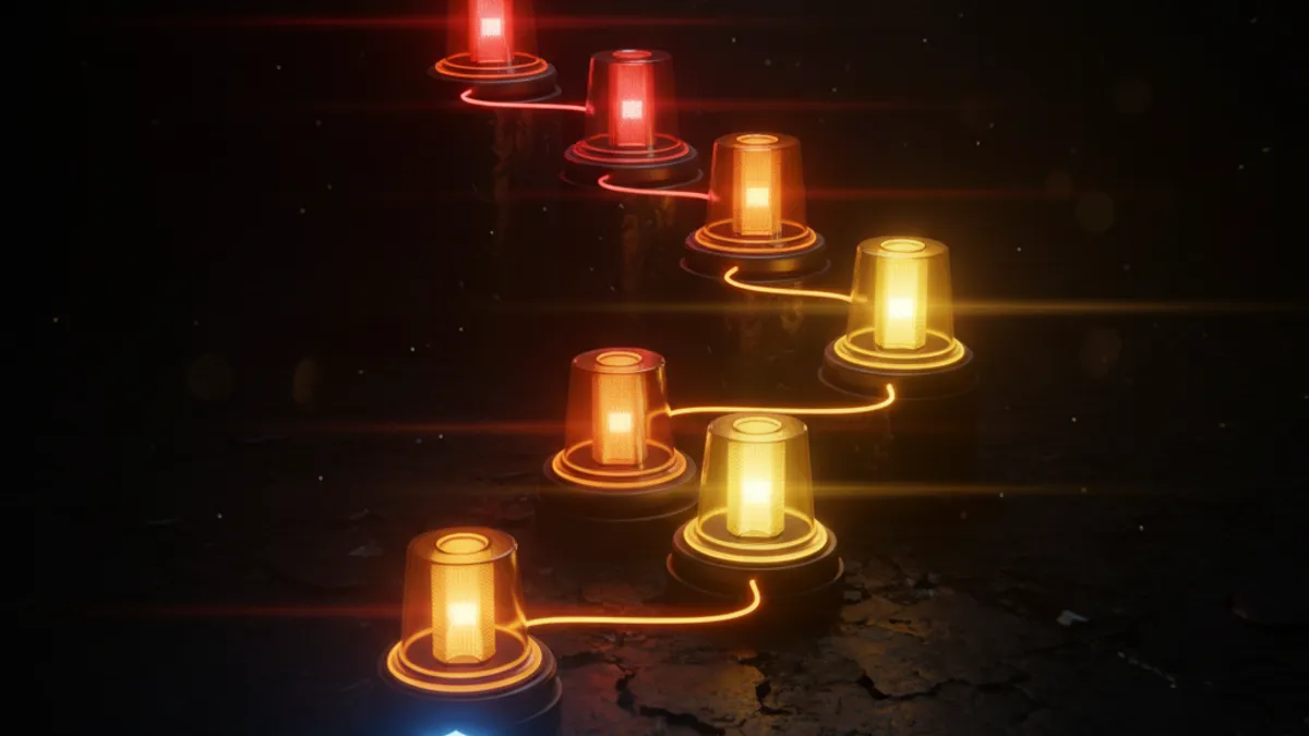 完整報案 SOP 流程：六個從紅到金的信號燈連接成階梯路徑