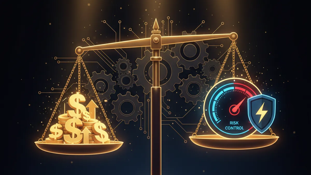 套利風控指南：天秤搭配風險儀表與金色獲利符號
