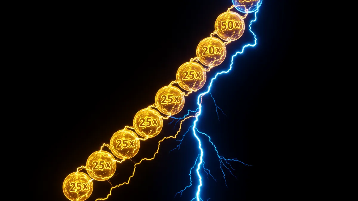 神之乘數疊加機制：2x、5x、10x、25x、50x 倍率球沿中央閃電柱螺旋上升