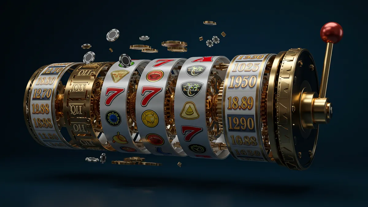 老虎機內部結構圖解：五個透明轉軸分解展示符號條和機械結構