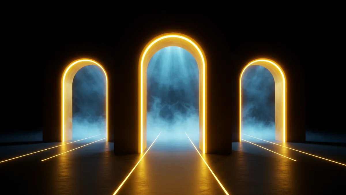 選機台 SOP 三步驟：三道發光金色拱門依序排列在走廊中