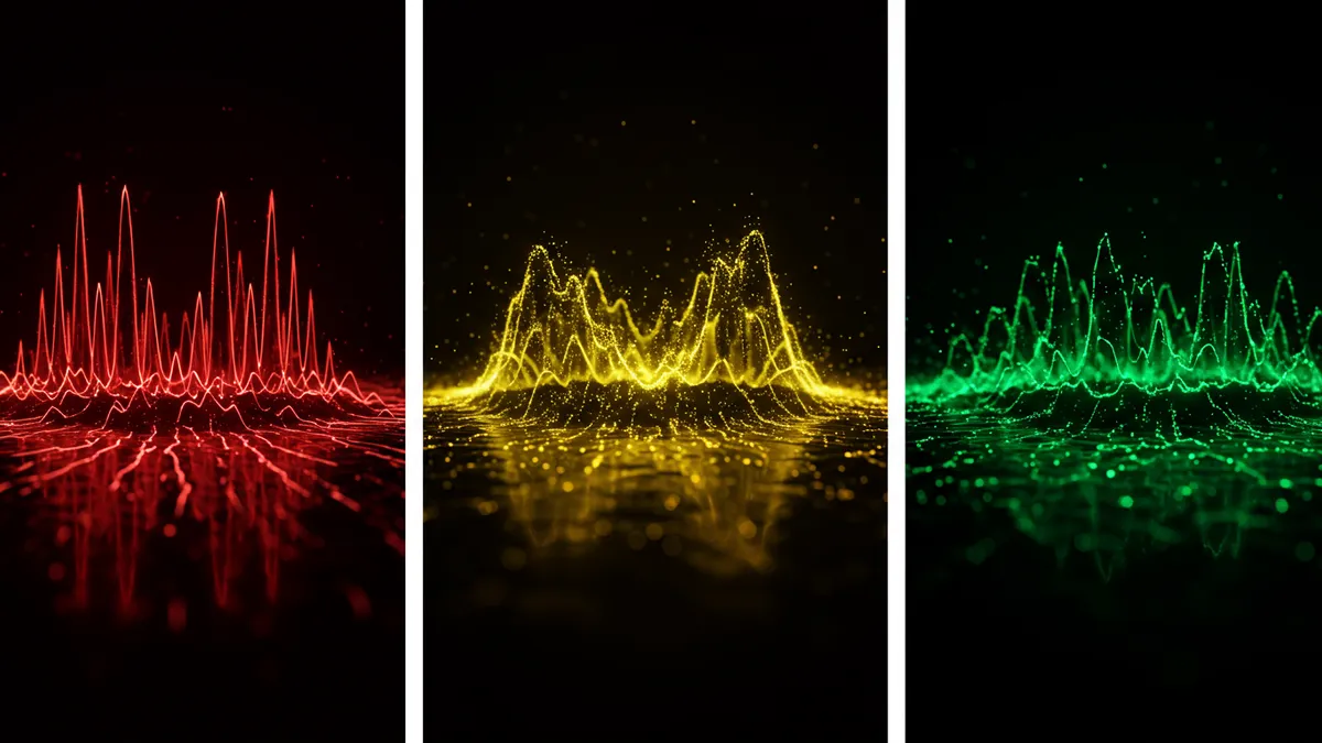 高中低波動度對比：三種不同的波形線——劇烈尖峰、適度波動、平緩漣漪