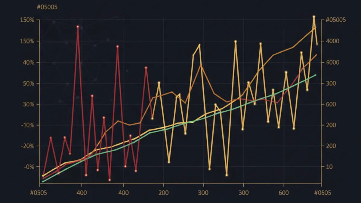 三種波動率資金曲線：紅色（高）大起大落、黃色（中）適度波動、綠色（低）平穩