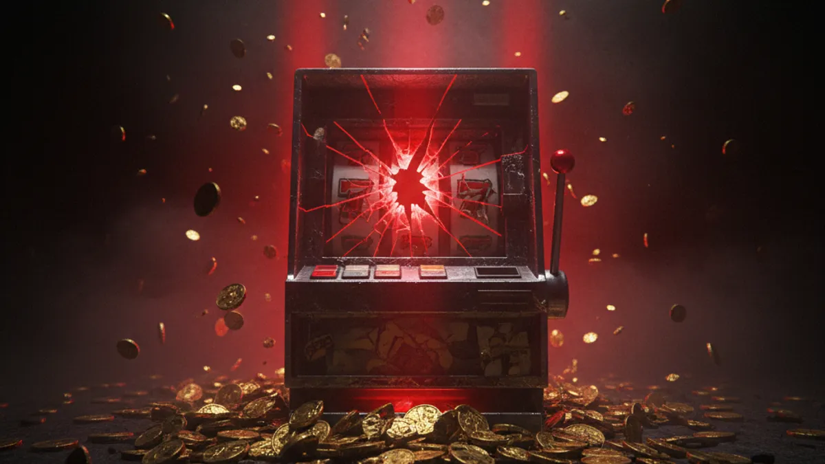 老虎機常見陷阱警示：破裂的螢幕與散落的金幣代表常見風險