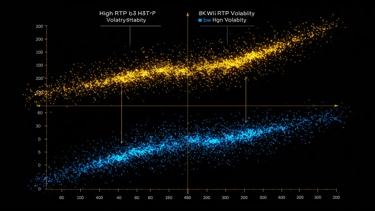 RTP × 波動率四象限散點圖：高 RTP 高波動（金）、低波動（綠）等四區分佈