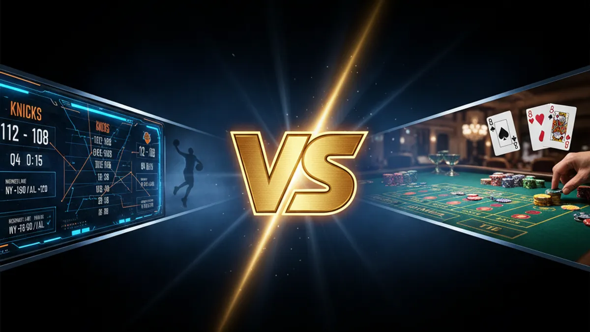 體育投注 vs 百家樂比較：左側運動場與賠率面板，右側百家樂牌桌